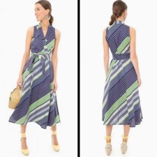 Tory Burch Overprinted Wrap Blue Green Midi Sleeveless Cotton Dress Size 2