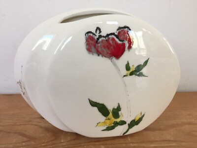 Vtg Barbara Baatz Handpainted Ikebana Poppy Signed Ceramic Wide Oval Flower Vase