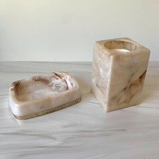 Vintage Royal Covington Soap Dish  Cup Dispenser Plastic Faux Marble 22 KT Gold