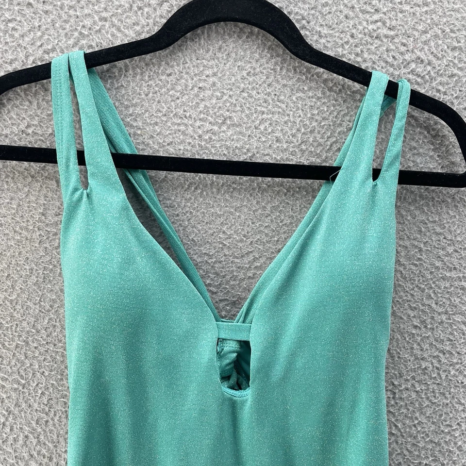 Traje de baño BCBG Paris para mujer grande verde azulado metálico de una pieza lazo trasero cuello en V profundo Foto 3 de 4