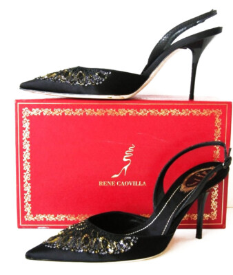 New $1450 RENE CAOVILLA Black Satin Embellished Shoes