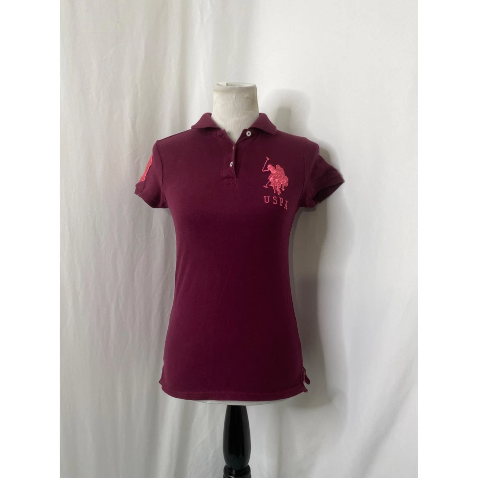 Camisa polo feminina média EUA Assn. Logotipo de pônei rosa roxo manga curta - Imagem 2 de 4