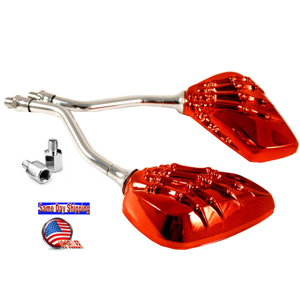 2X RED SKELETON SKULL HAND MOPED SCOOTER MOTORCYCLE REARVIEW MIRRORS 8MM 10MM - Image 2 of 4