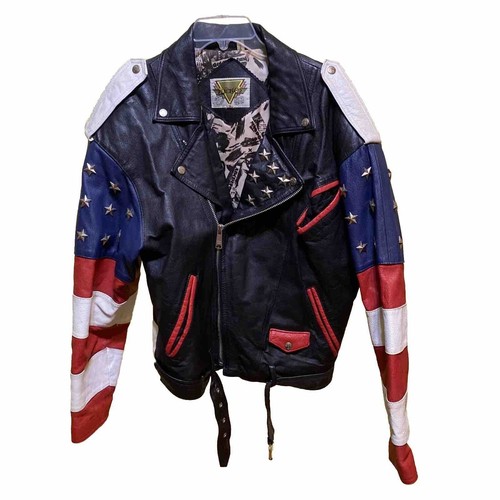 Vintage Phase 2 Leather Jacket Mens Size S American Flag Biker USA Studded Stars - Picture 2 of 22