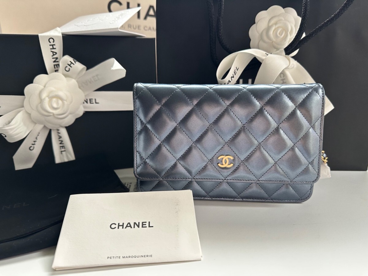 NEW CHANEL 23C Wallet on Chain PEARL BLUE Patent Leather WOC
