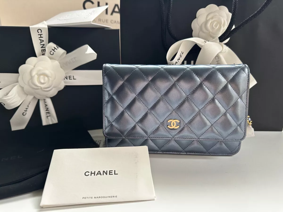 NEW CHANEL 23C Wallet on Chain PEARL BLUE Patent Leather WOC Bag Gold MICRO  CHIP