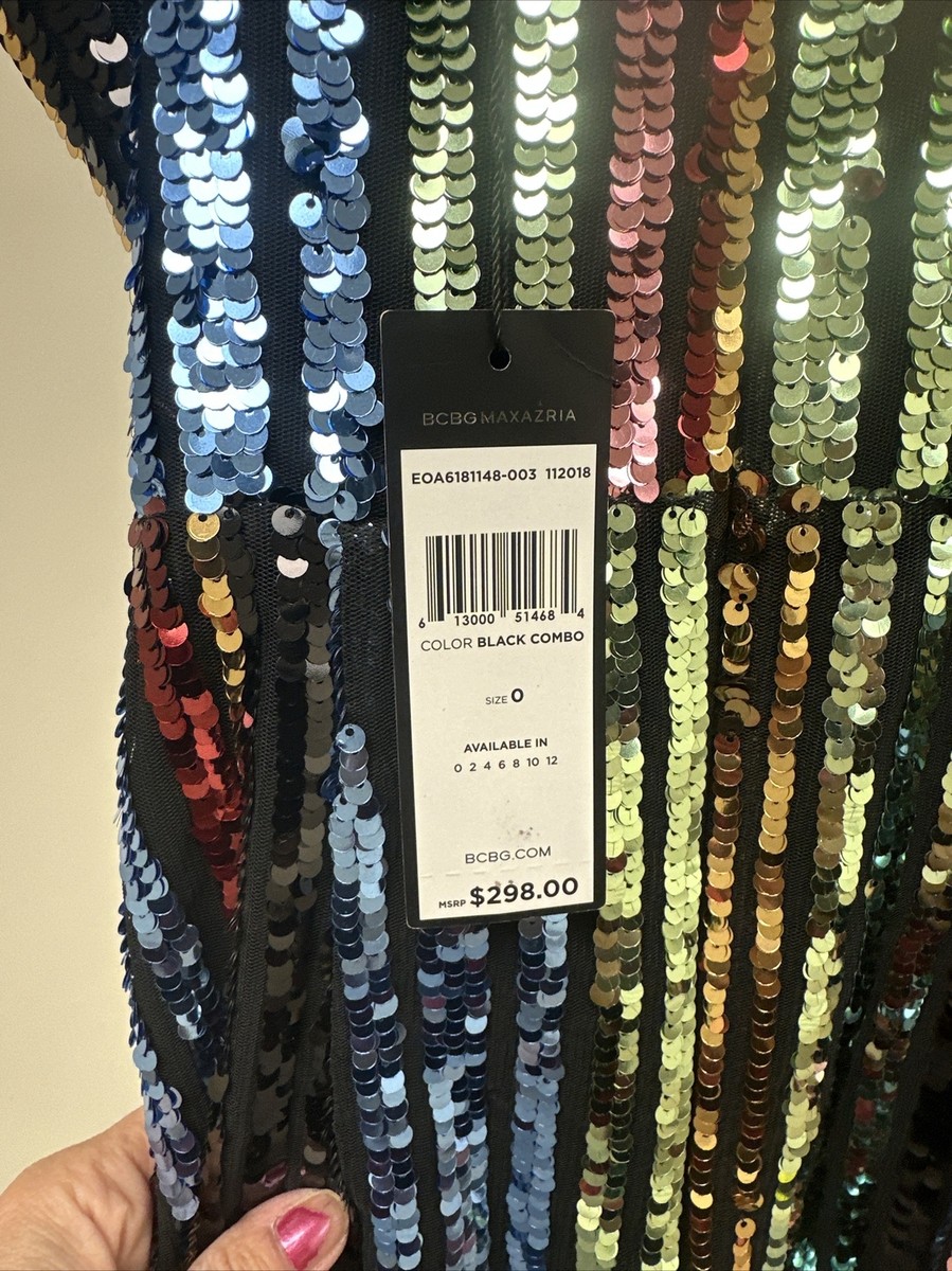 bcbg sequin stripe dress BCBG Max Azria Womens Eve Sequined V-Neck Cocktail Dress Black 6