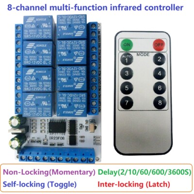 8CH DC 5V 12V Multi-function IR infrared Control Delay Relay Flip-Flop Latch