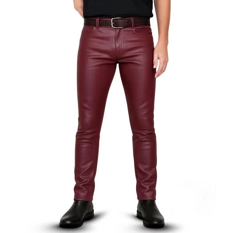 Men's Burgundy Leather Skinny Pants Skin Fit Casual Genuine Leather Jeans
