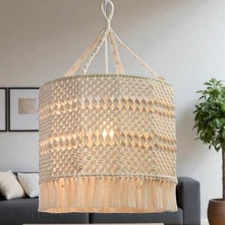 Natural Macramé Drum Pendant Hanging Lamp w Fringe – 16” BoHo Deja Style W Kit