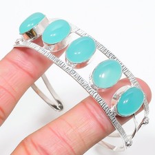Aqua Chalcedony Gemstone Handmade 925 Sterling Silver Adjustable Cuff Bracelet