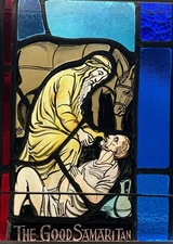 ANTIQUE CHURCH WINDOW  "The Good Samaritan" FIRED PAINTED GLASS 1940s NYC