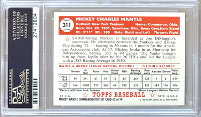 topps ハーランド　ハヴェルツ　デイビス　マッケニー　レギュラーカード 1996 TOPPS #2 MICKEY MANTLE PSA 9 MINT COMMEMORATIVE 1952 #311