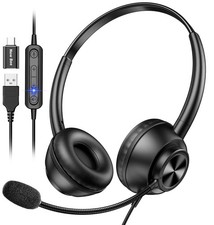 Black USB Wired Headset With Microphone TypeC InLine Mute Volume Control PC