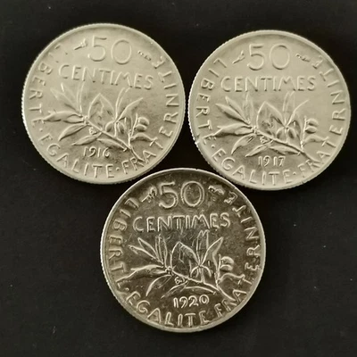 LOT 3 * 50 CENTIMES SEMEUSE ARGENT 835‰ 18,2mm 1916 1917 1920 (Total 7.45g) FRAN - Photo 1/2