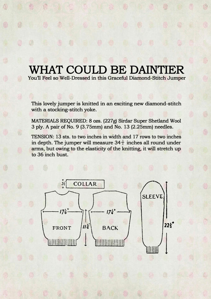 1930s Vintage Knitting Pattern Women’s Diamond Stitch Jumper 34-36" - Image 2 of 2