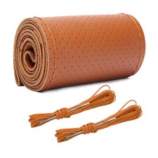 Genuine Leather Steering Wheel Cover, Stitch on Wrap, DIY Full Hole Brown