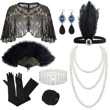 1920s Flapper Gatsby Accessories Set for Women Roaring Standard, Black Gold