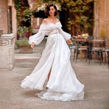 Off Shoulder Lace Organza Wedding Dress Sheer Button Front High Slit Bridal Gown