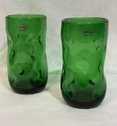 2 Blenko Emerald Green 6" Pinched Glasses Drinking Tumblers Stickers 2013 Signed
