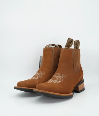 Genuine Leather Short Ankle Square Toe Rubber Sole Cowboy Western Boots - Camel