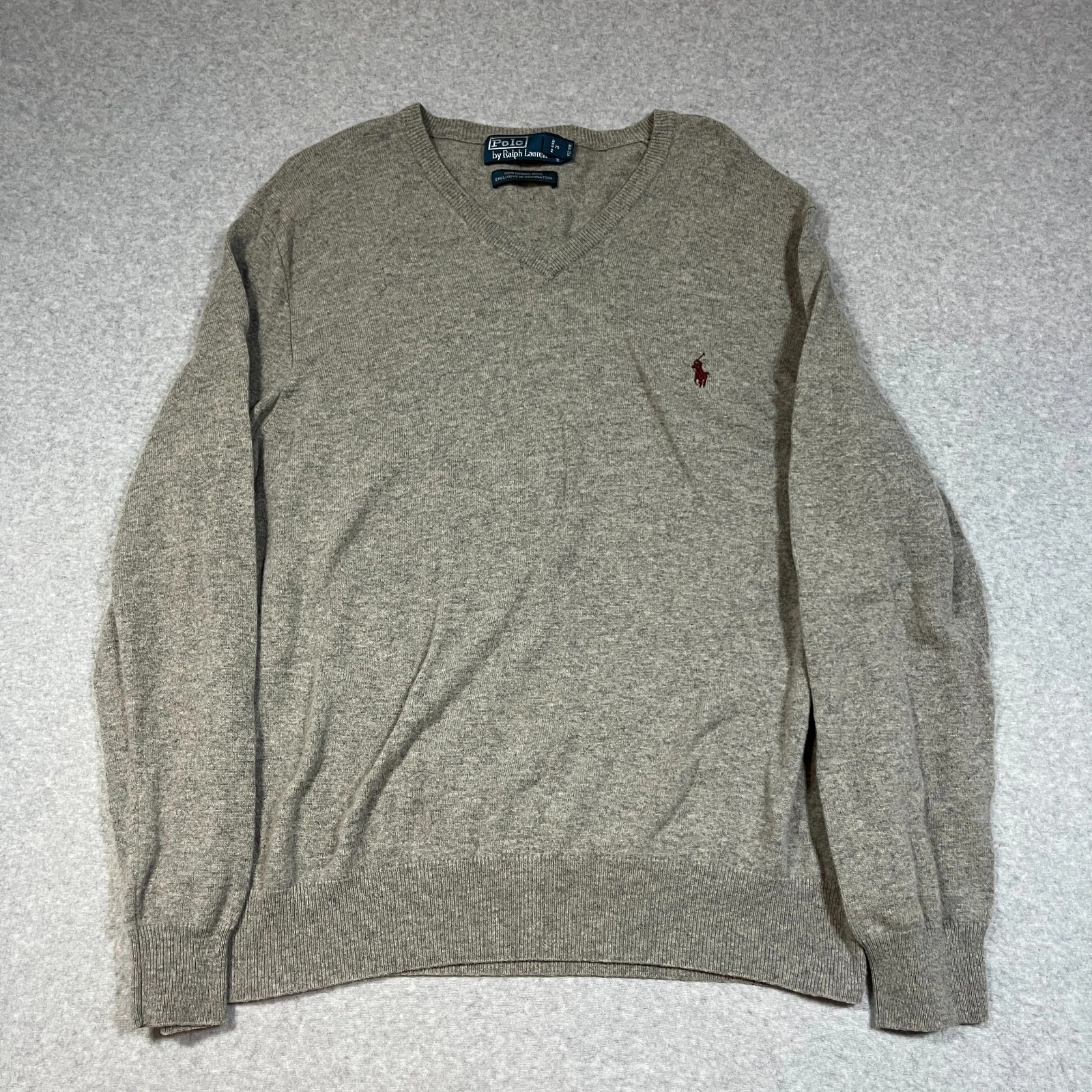 Polo Ralph Lauren Sweater Mens XXL (Fits XL) Gray Merino Wool Pullover V Neck
