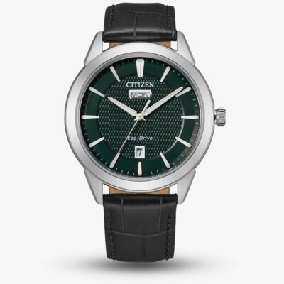 Citizen Eco-Drive Herren grünes Zifferblatt Lederband Uhr AW0090-02X