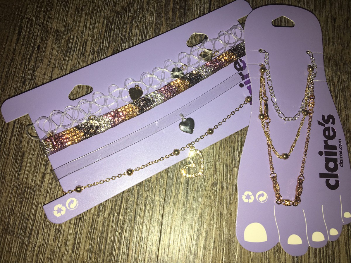 Claire's Heart Rhinestone Gold Bronze Choker Necklace Anklet