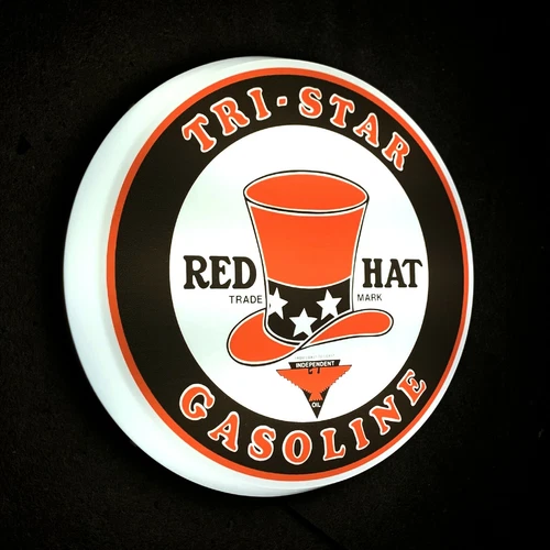 RED HAT GASOLINE LED SIGN WALL MOUNTED LIGHT BOX GARAGE VINTAGE GAS AND OIL - Picture 1 of 12