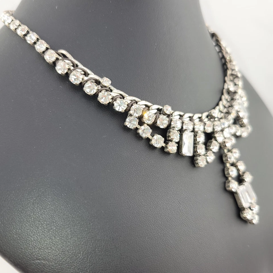 Designer Signed Fossil Chunky White Rhinestone Bib Waterfall Statement Necklace - Image 2 of 4