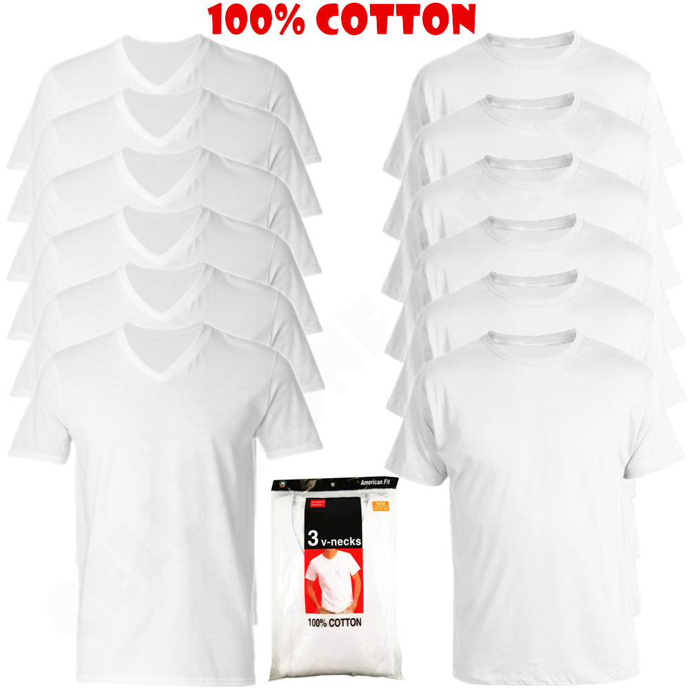 3-6 Pack Men's 100% Cotton Tagless Crew & V-Neck Undershirts White S-XL