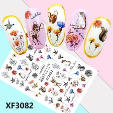 Nail Art 3D Decal Stickers rabbit squirrel Sika deer bird lavender flower XF3082