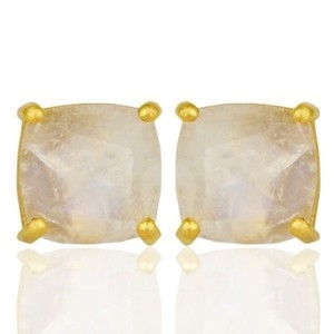 Authentic Natural Rainbow Moonstone 18K Gold Plated Sterling Silver Stud Earrings Jewelry