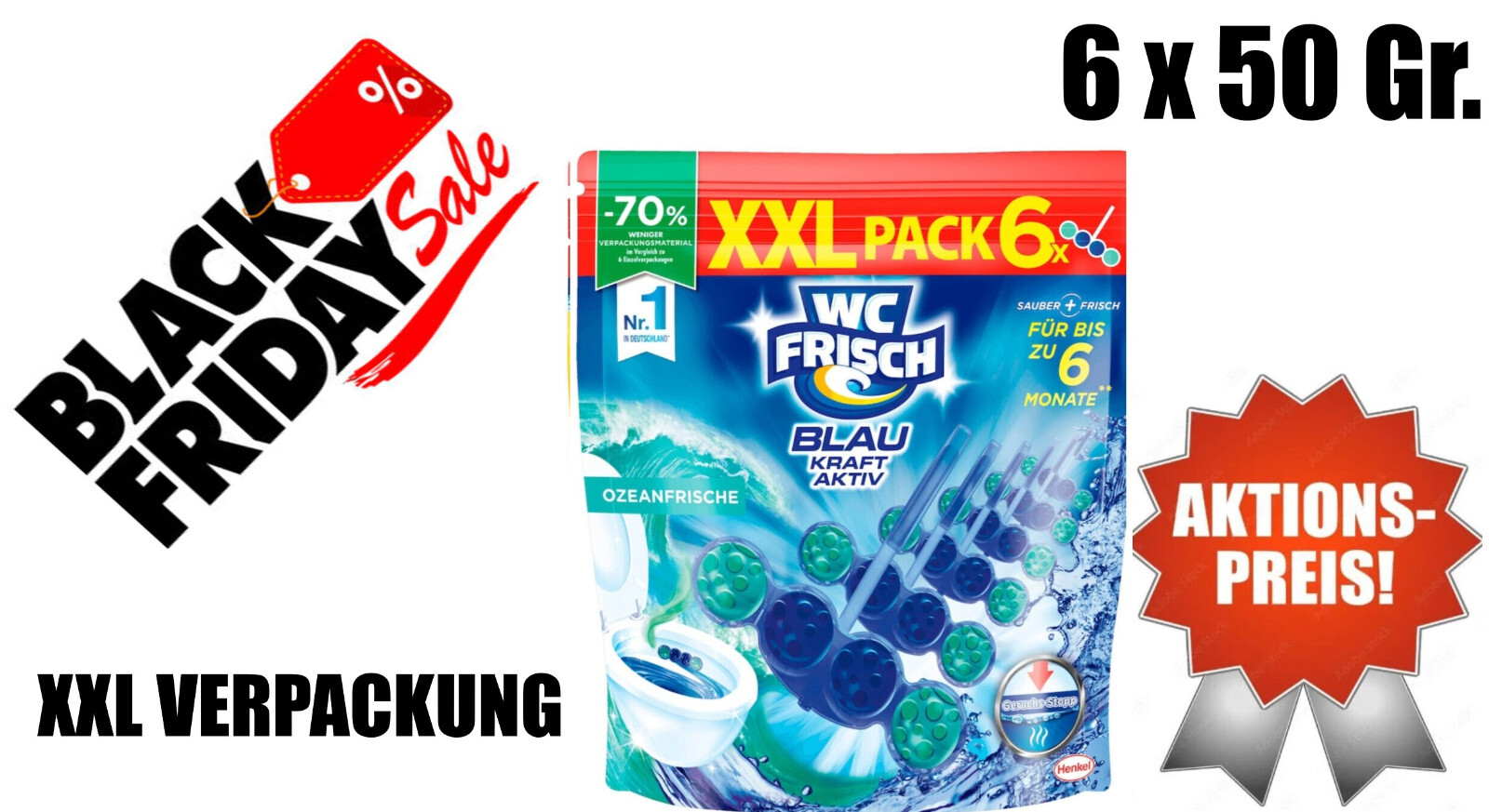 WC FRISCH Kraft Aktiv Klo Stein Duftspüler Ozeanfrische 300g 6x50gr XXL-Pack