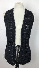 VTG Hand Crochet Girls Juniors Sweater Vest M/L Black Drawstring Waist Hips long