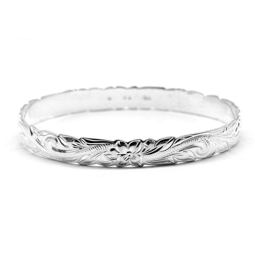 925 Sterling Silver Hawaiian Bangle 8mm Bracelet Plumeria Engraved