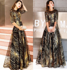Womens Evening Dress Gold Sequined O-Neck Black Floor-length Dinner Gowns dress