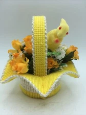 vtg flocked  Easter bunny in plastic canvas basket flowers display completed 7”