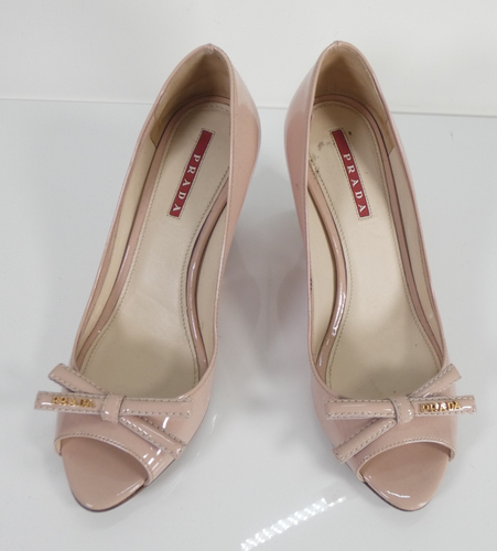 Prada Shoes Wedge Heels Bow Peep Open Toe Nude Powder Pink Size EU 36.5 UK 3.5 - Picture 2 of 24