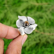 Natural Tiger'S Eye 925 Silver Multi Stone Flower Adjustable Ring For Girls