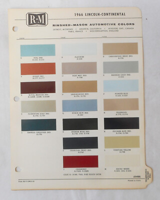 1966 LINCOLN R-M COLOR PAINT CHIP CHART ALL MODELS ORIGINAL