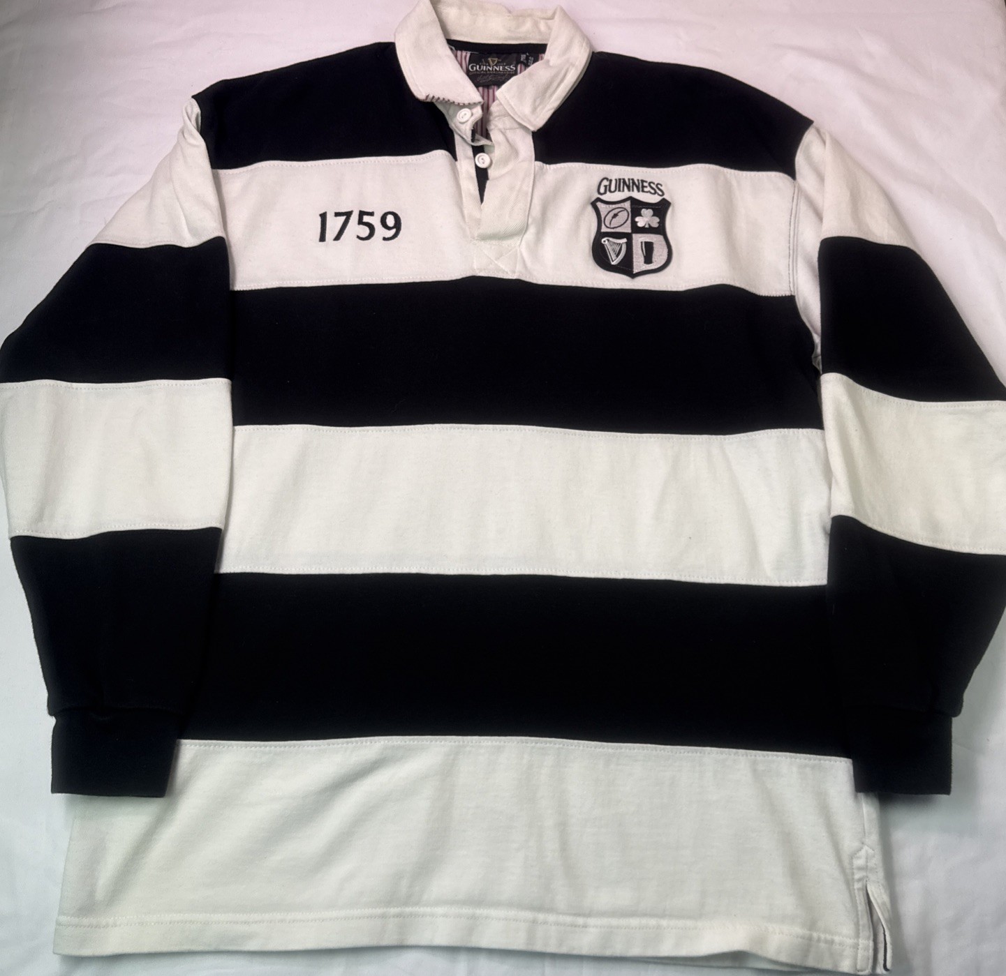 Guinness Official Merchandise Rugby Long Sleeve Polo Shirt Black &Amp; White Large