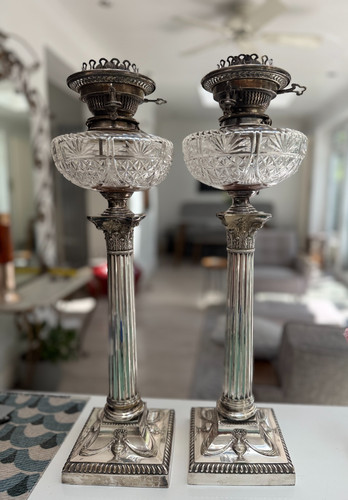pair antique silver plate Cut glass oil lamps NO OIL silver plate Hinks Burners
