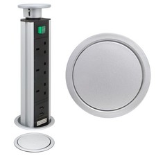 POP UP Power Tower 3 Socket 2 USB with Safety Switch Silver/Stainless Steel TOP
