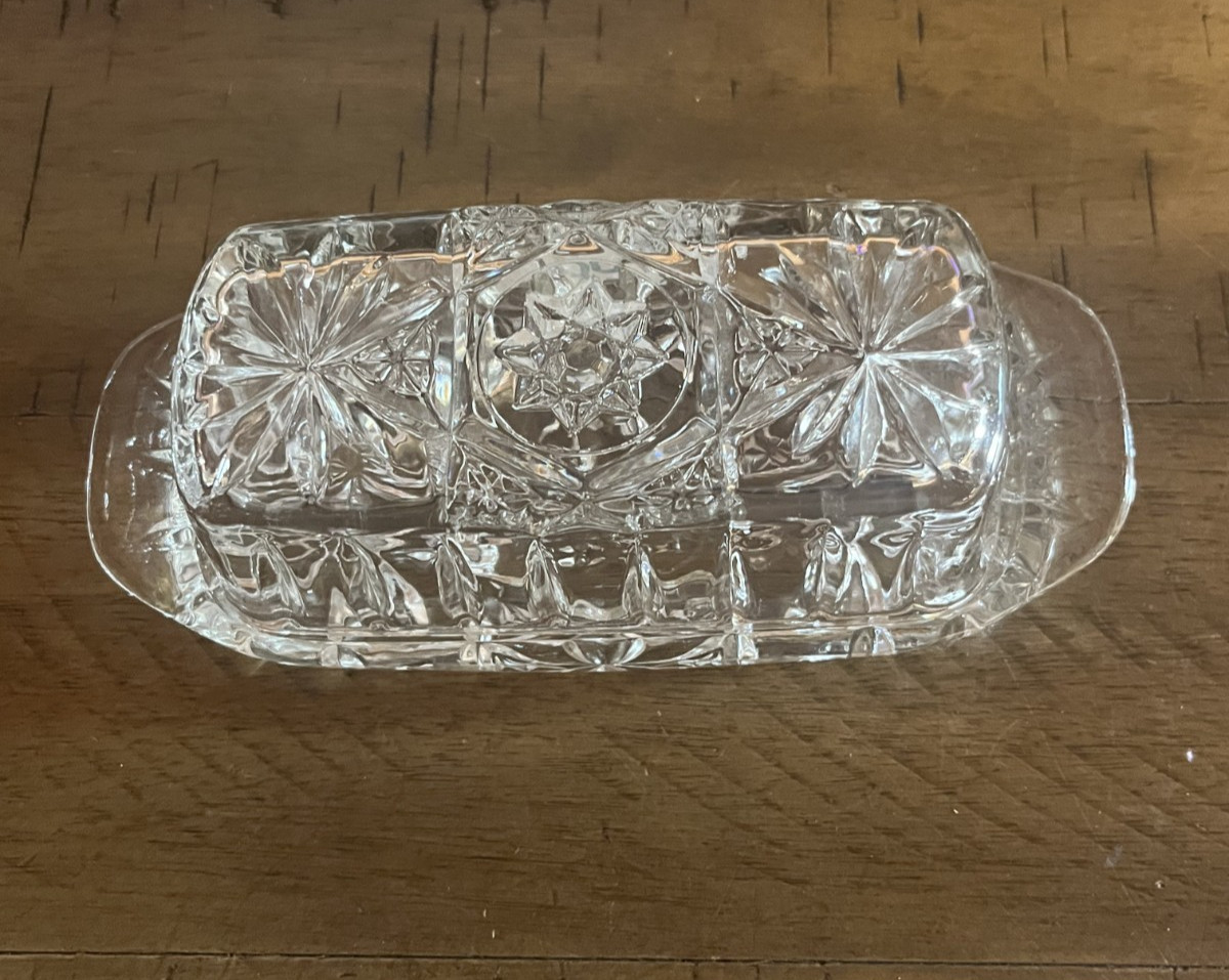 Vintage Anchor Hocking Clear Pressed Cut Glass Covered Butter Dish Starburst
