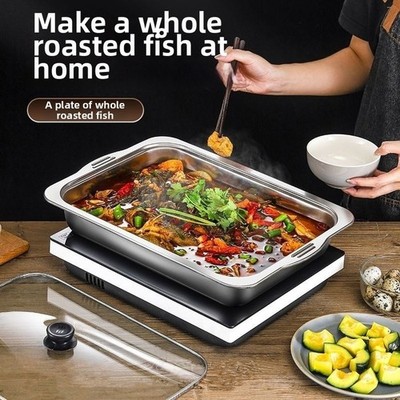 Stainless Steel Fish Pan with Lid for Even Heat Distribution Stove Induction