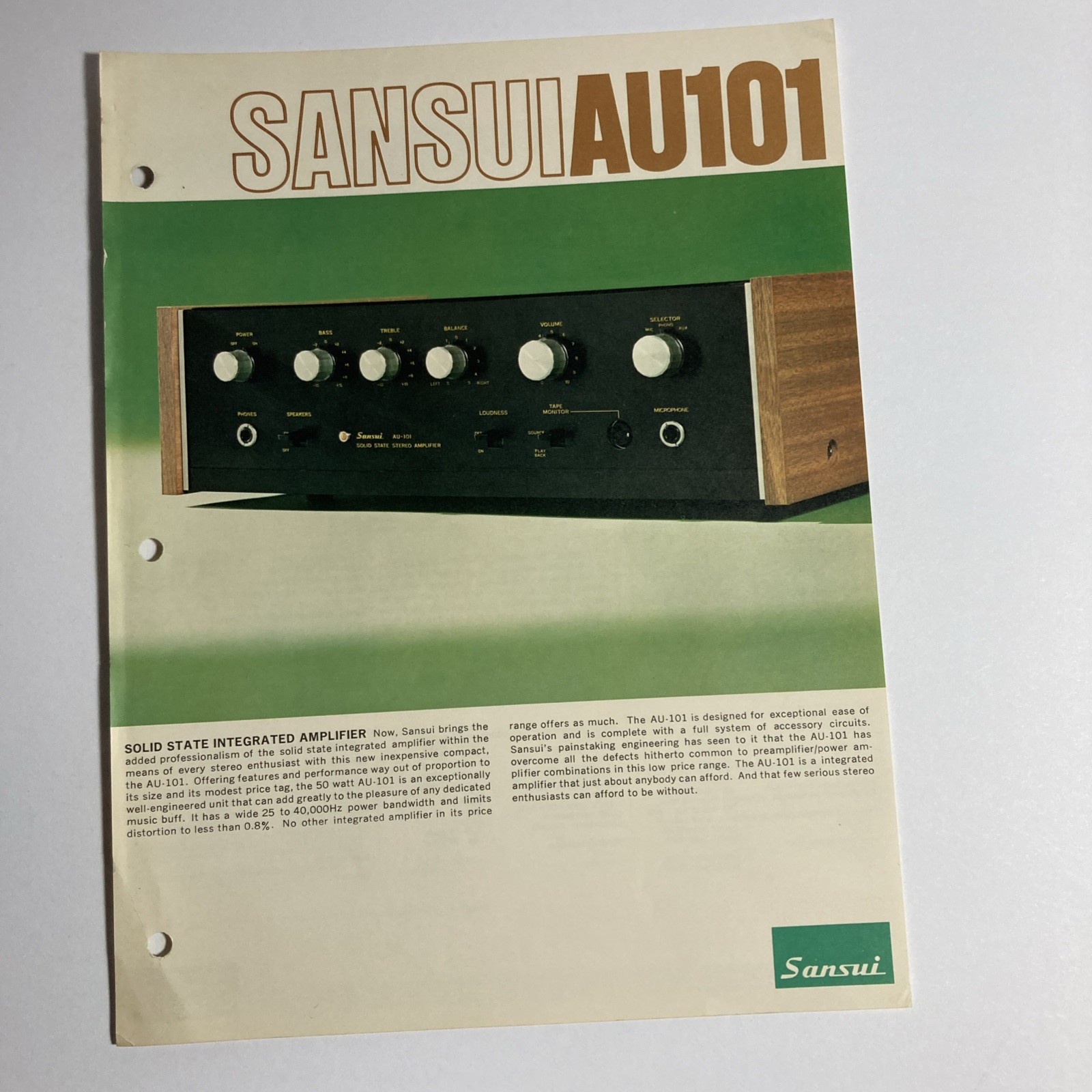 Sansui Au101 Solid State Amplifier Specifications Sheet