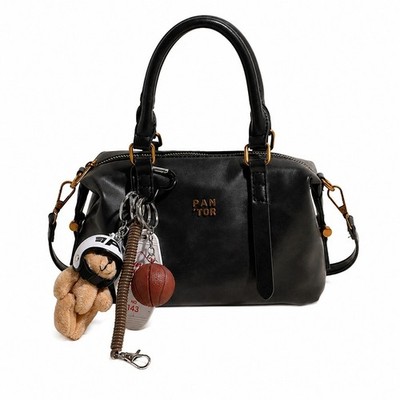 Women's Vintage Bowling Bag Crossbody Shoulder Handbag with Decorative Charm