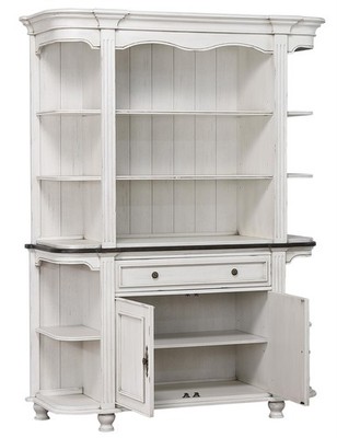 French Chic Round 30-36''H Dining Table Set Stools China Cabinet White/Brown Wood