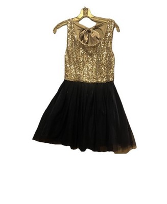 B. Darlin Gold Sequin Fit & Flare Mini Dress Sleeveless Bow Scoop Neck Juniors